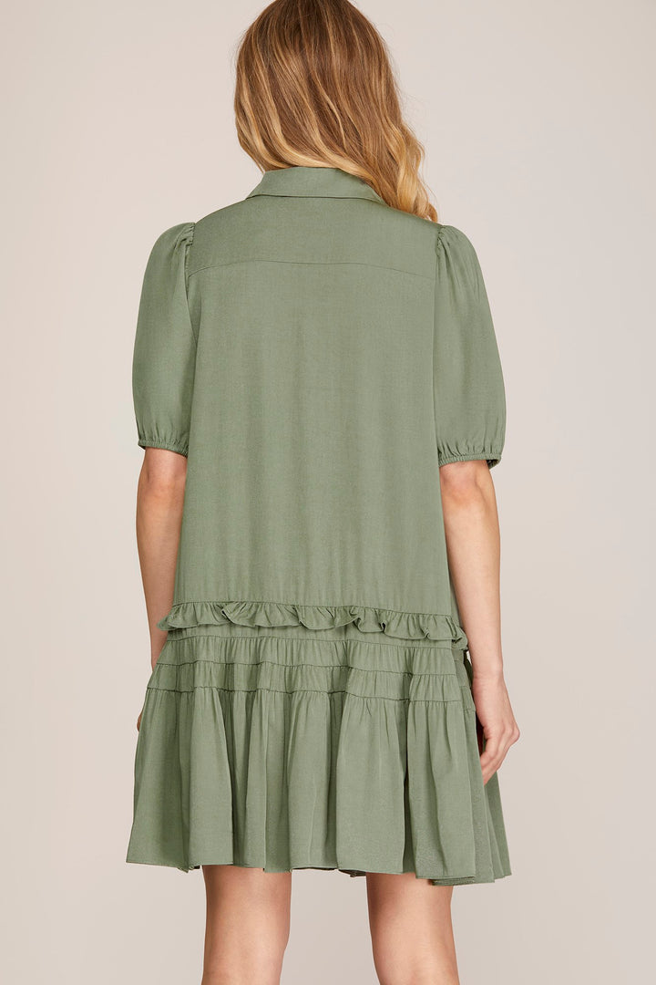 SHORT SLEEVE TIERED BUTTON DOWN SHIRT COLLARED WOVEN DRESS