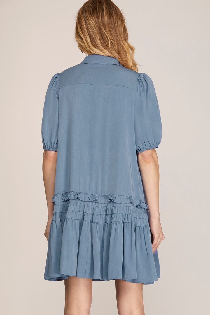 SHORT SLEEVE TIERED BUTTON DOWN SHIRT COLLARED WOVEN DRESS