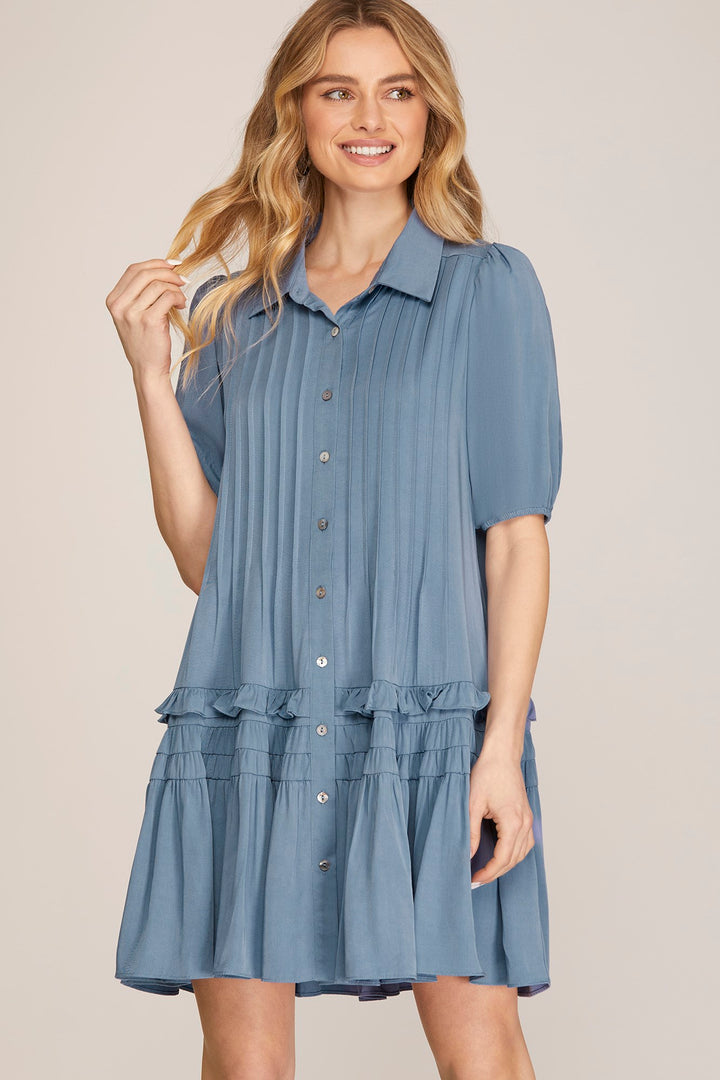 SHORT SLEEVE TIERED BUTTON DOWN SHIRT COLLARED WOVEN DRESS