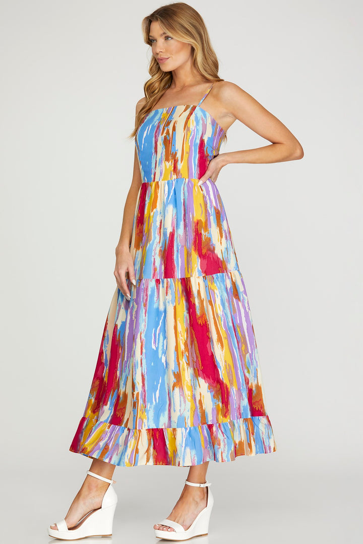 CAMI WOVEN PRINT TIERED MIDI DRESS WITH BACK ZIPPER