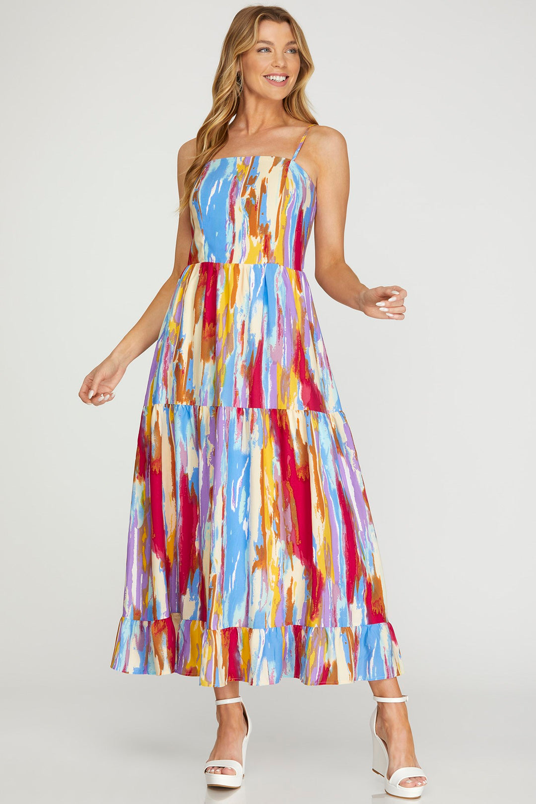 CAMI WOVEN PRINT TIERED MIDI DRESS WITH BACK ZIPPER