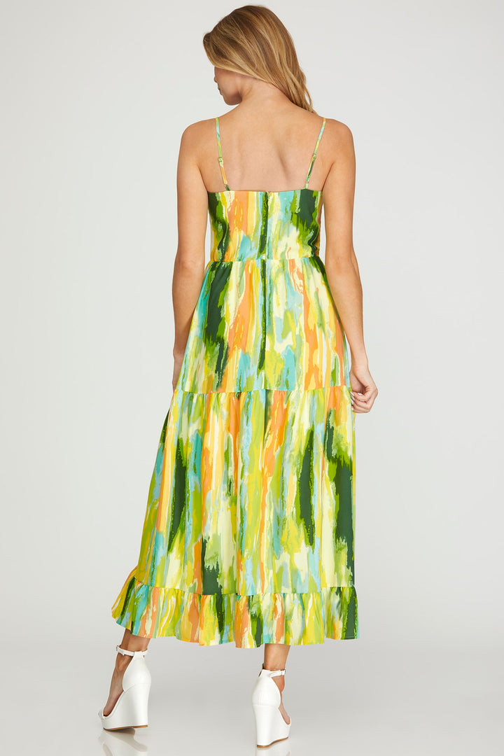 CAMI WOVEN PRINT TIERED MIDI DRESS WITH BACK ZIPPER