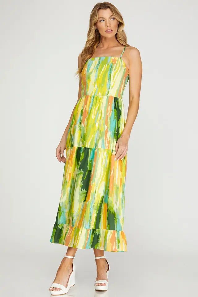 CAMI WOVEN PRINT TIERED MIDI DRESS WITH BACK ZIPPER