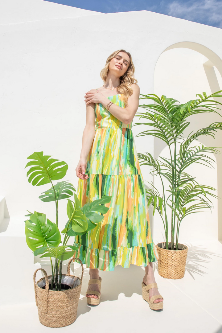 CAMI WOVEN PRINT TIERED MIDI DRESS WITH BACK ZIPPER