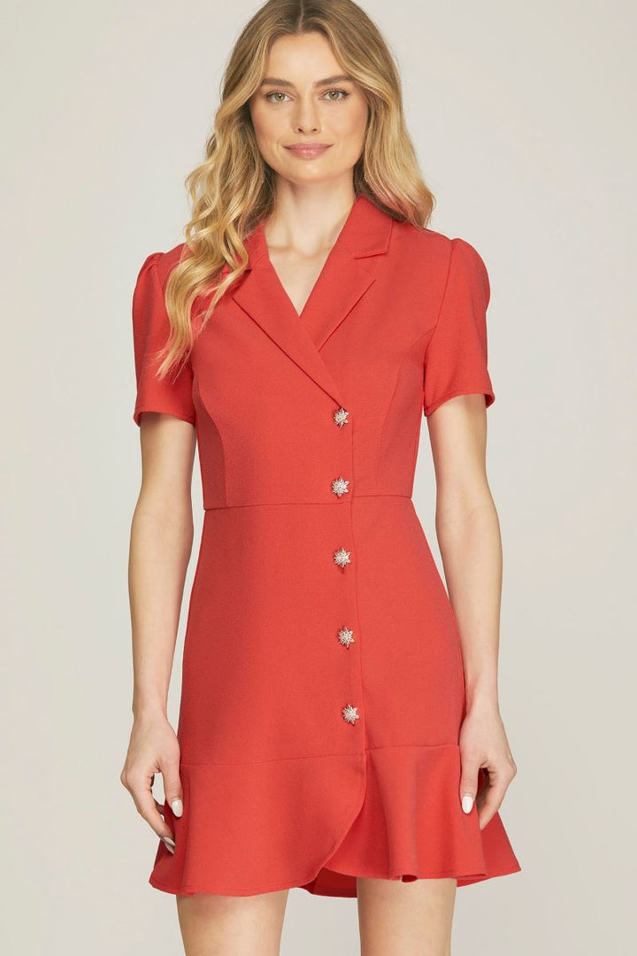 CORAL RED COLLARED WRAP W/ JEWEL BUTTONS WOVEN MINI DRESS SKSY6546