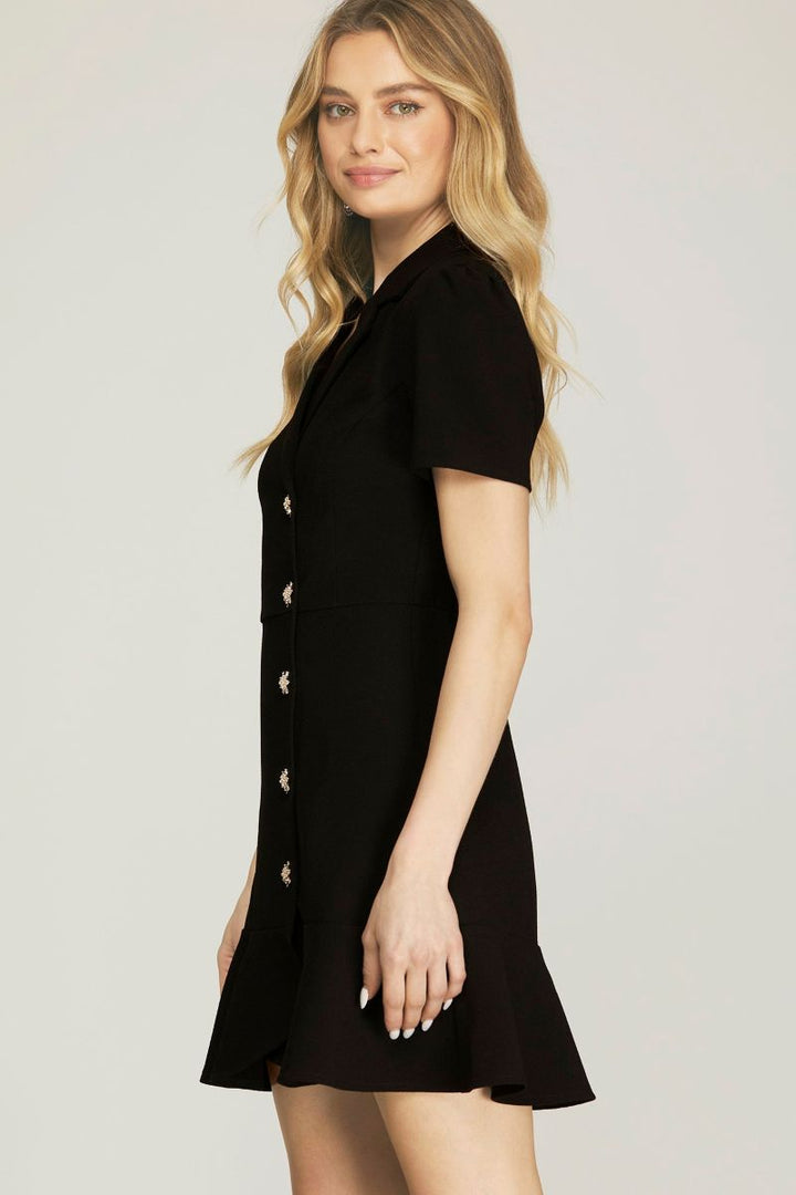 BLACK COLLARED WRAP W/ JEWEL BUTTONS WOVEN MINI DRESS SKSY6546