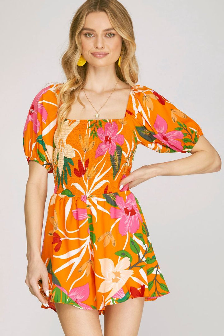 ORANGE TROPICAL PRINT SQUARE NECK SMOKED WOVEN ROMPER SKSY6797