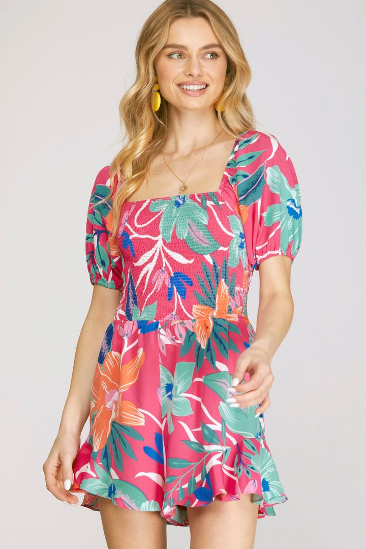 PINK TROPICAL PRINT SQUARE NECK SMOKED WOVEN ROMPER SKSY6797