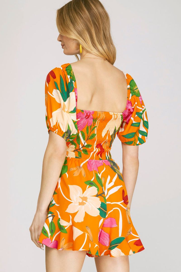 ORANGE TROPICAL PRINT SQUARE NECK SMOKED WOVEN ROMPER SKSY6797