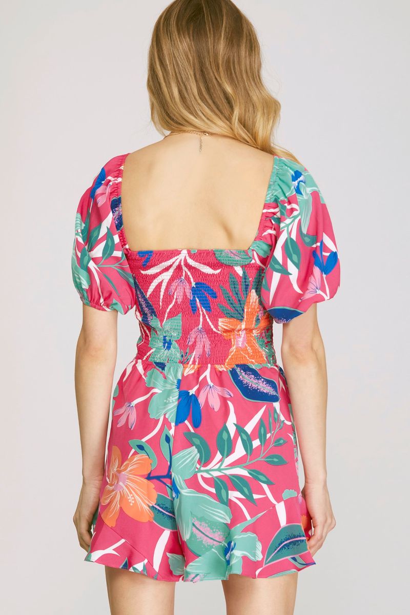 PINK TROPICAL PRINT SQUARE NECK SMOKED WOVEN ROMPER SKSY6797