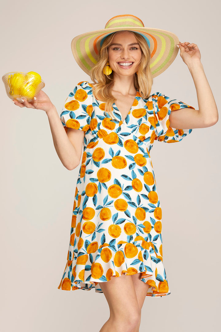 PUFF SHORT SLEEVE WOVEN CITRUS PRINT RUFFLE HEM V NECK DRESS