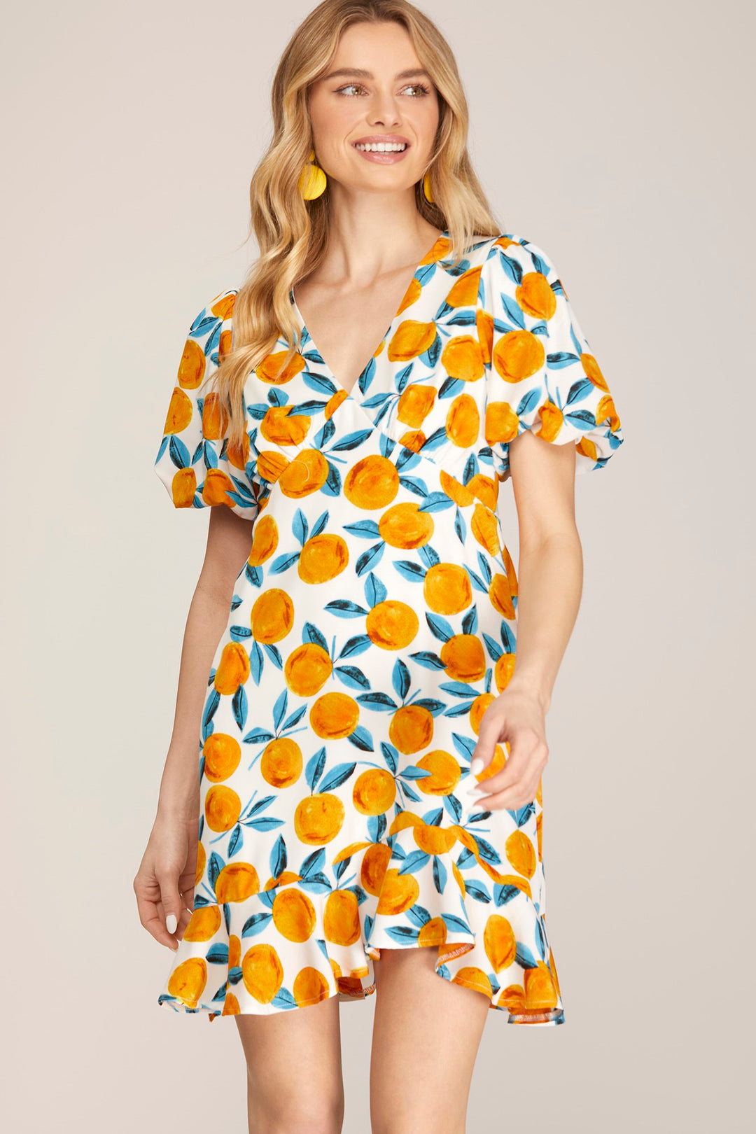 PUFF SHORT SLEEVE WOVEN CITRUS PRINT RUFFLE HEM V NECK DRESS