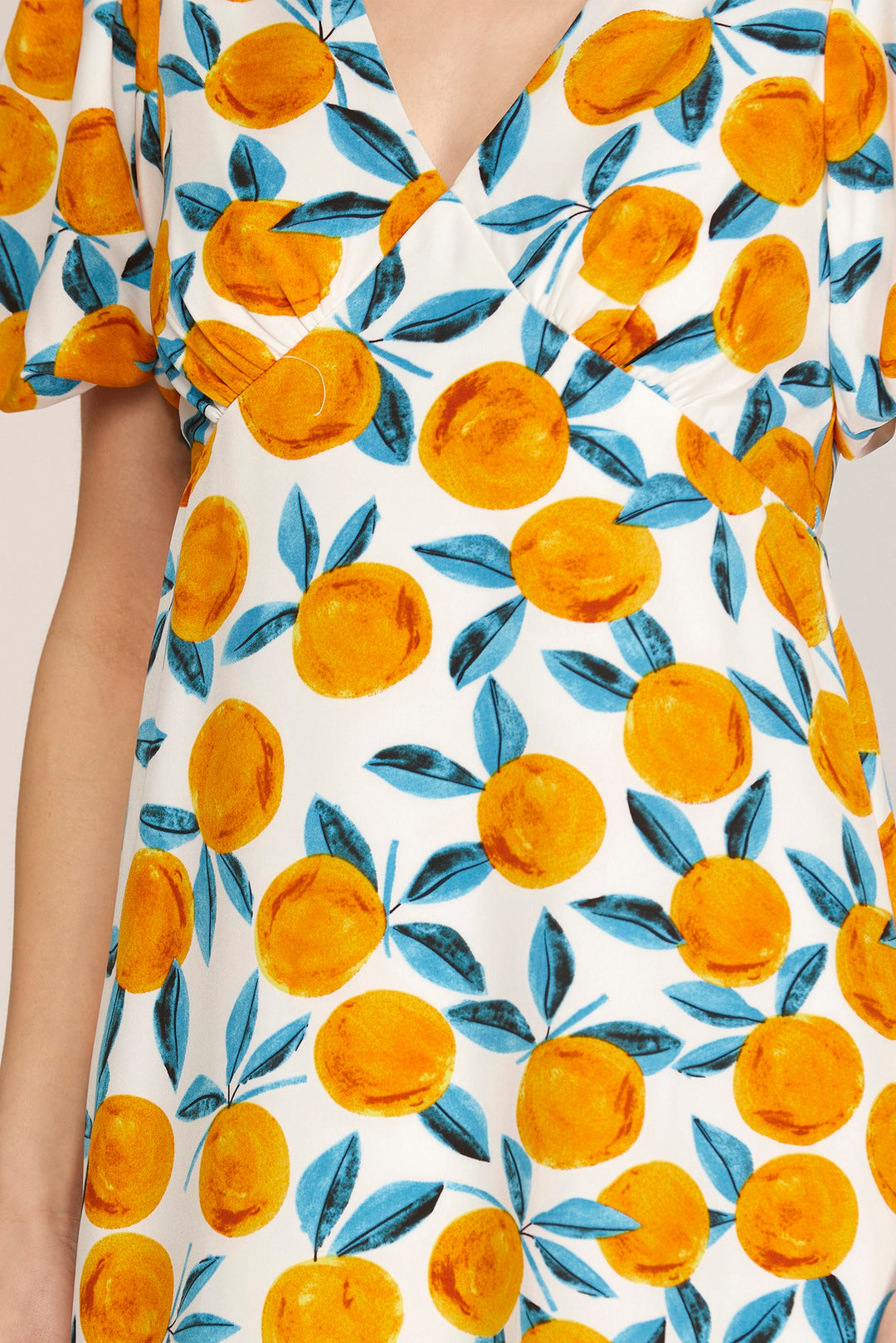 PUFF SHORT SLEEVE WOVEN CITRUS PRINT RUFFLE HEM V NECK DRESS