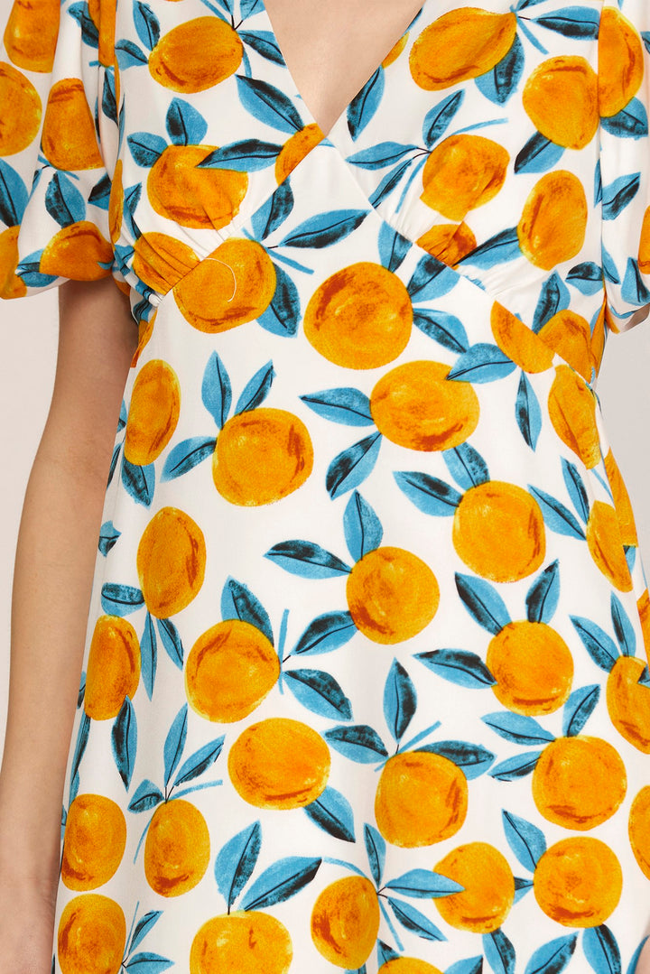 PUFF SHORT SLEEVE WOVEN CITRUS PRINT RUFFLE HEM V NECK DRESS