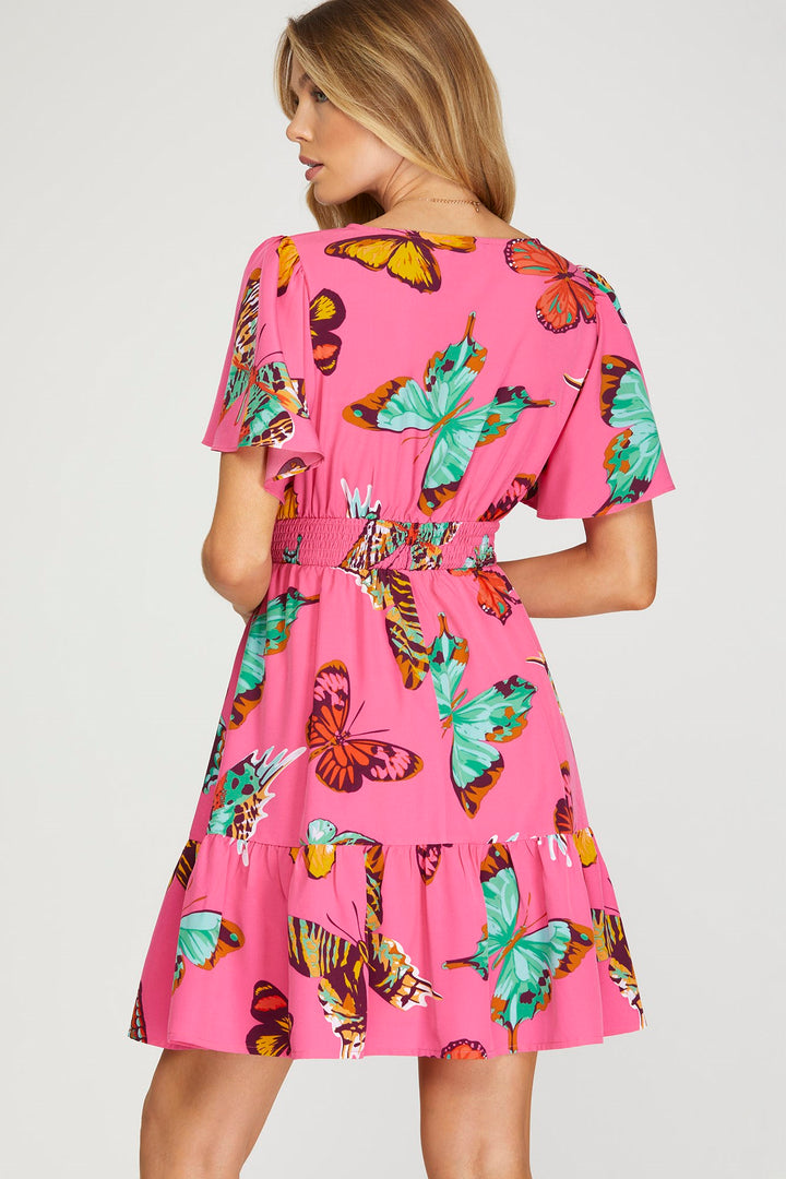 BUTTERFLY PRINT SMOCKED FLUTTER SLEEVE WOVEN MINI DRESS