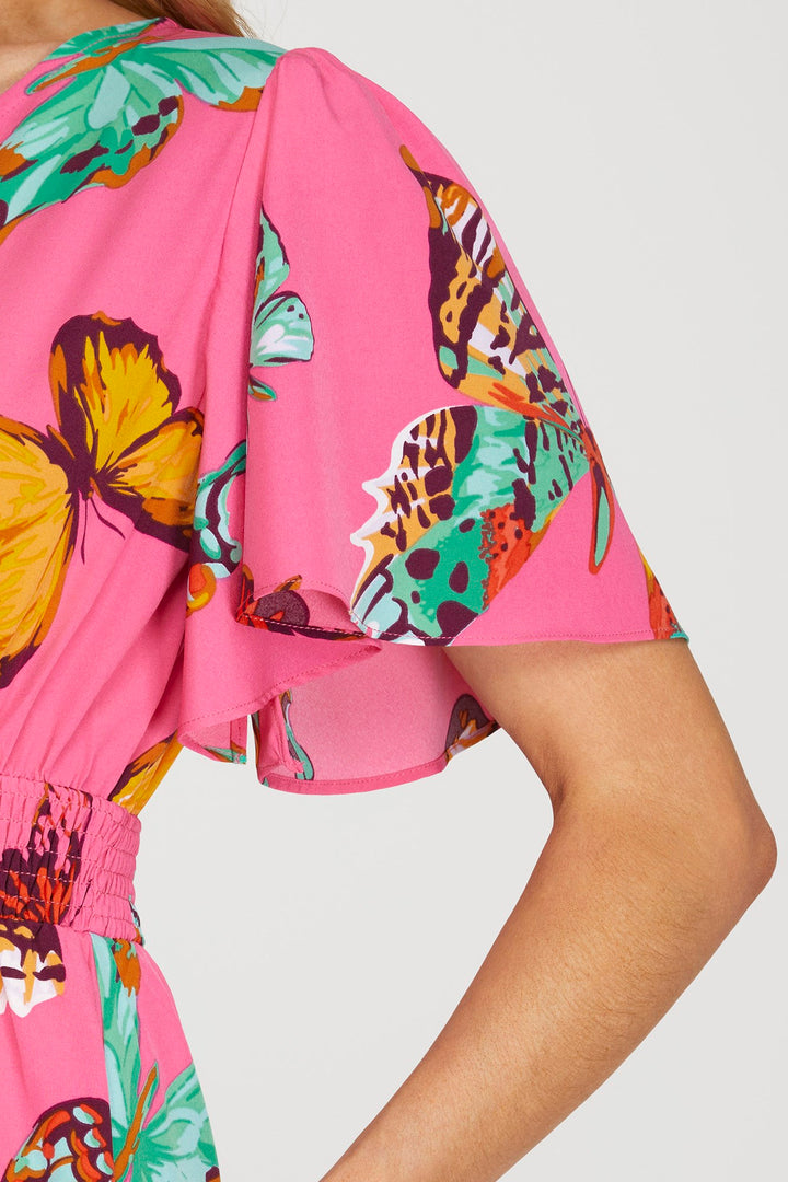 BUTTERFLY PRINT SMOCKED FLUTTER SLEEVE WOVEN MINI DRESS