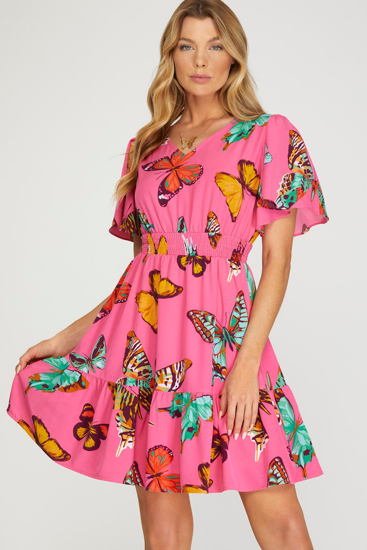 BUTTERFLY PRINT SMOCKED FLUTTER SLEEVE WOVEN MINI DRESS