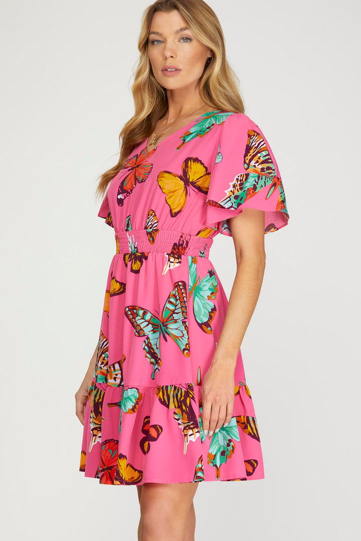 BUTTERFLY PRINT SMOCKED FLUTTER SLEEVE WOVEN MINI DRESS