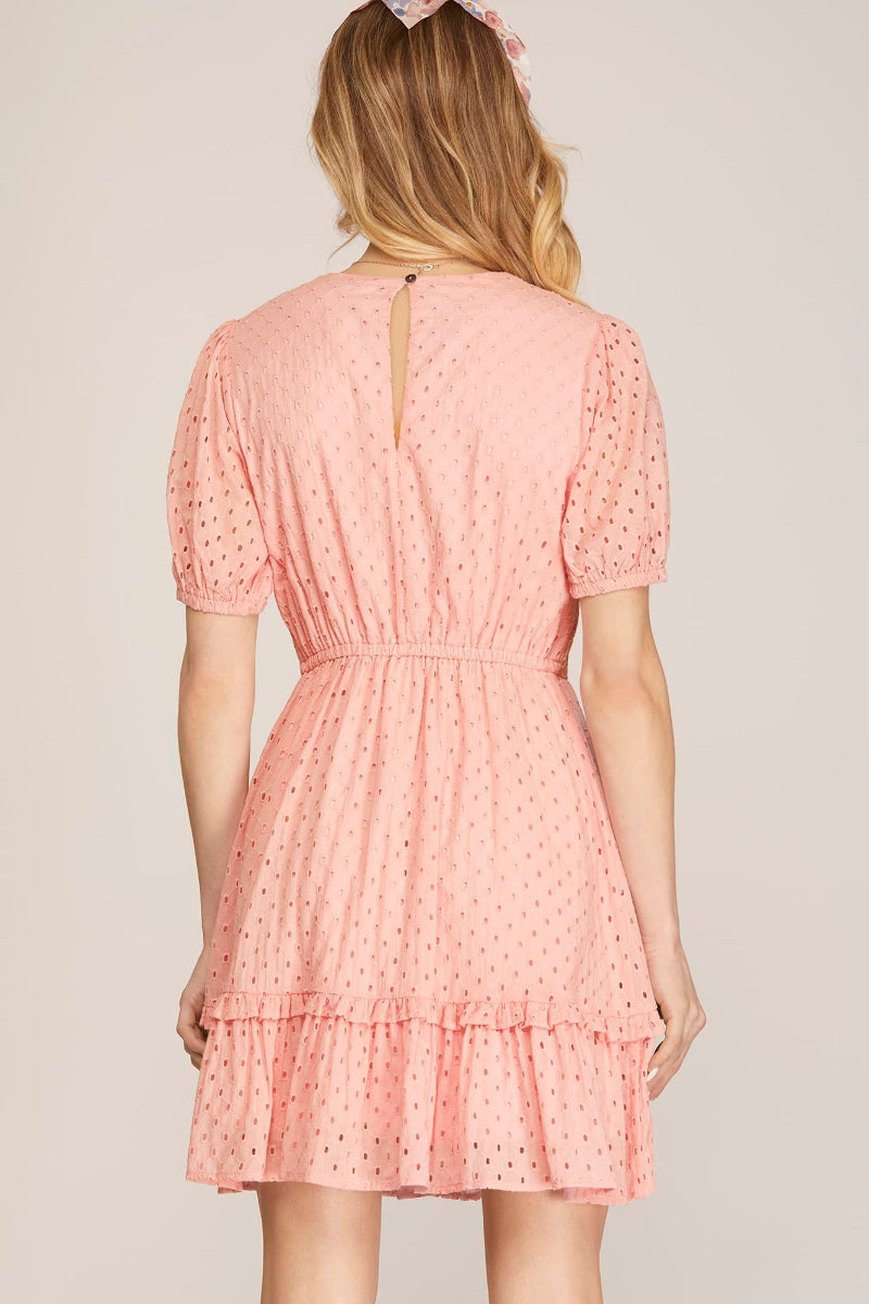 SHORT PUFF SLEEVE WOVEN ELASTIC WAIST EYELET V NECK DRESS-SKSY6880