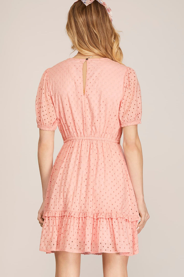 SHORT PUFF SLEEVE WOVEN ELASTIC WAIST EYELET V NECK DRESS-SKSY6880