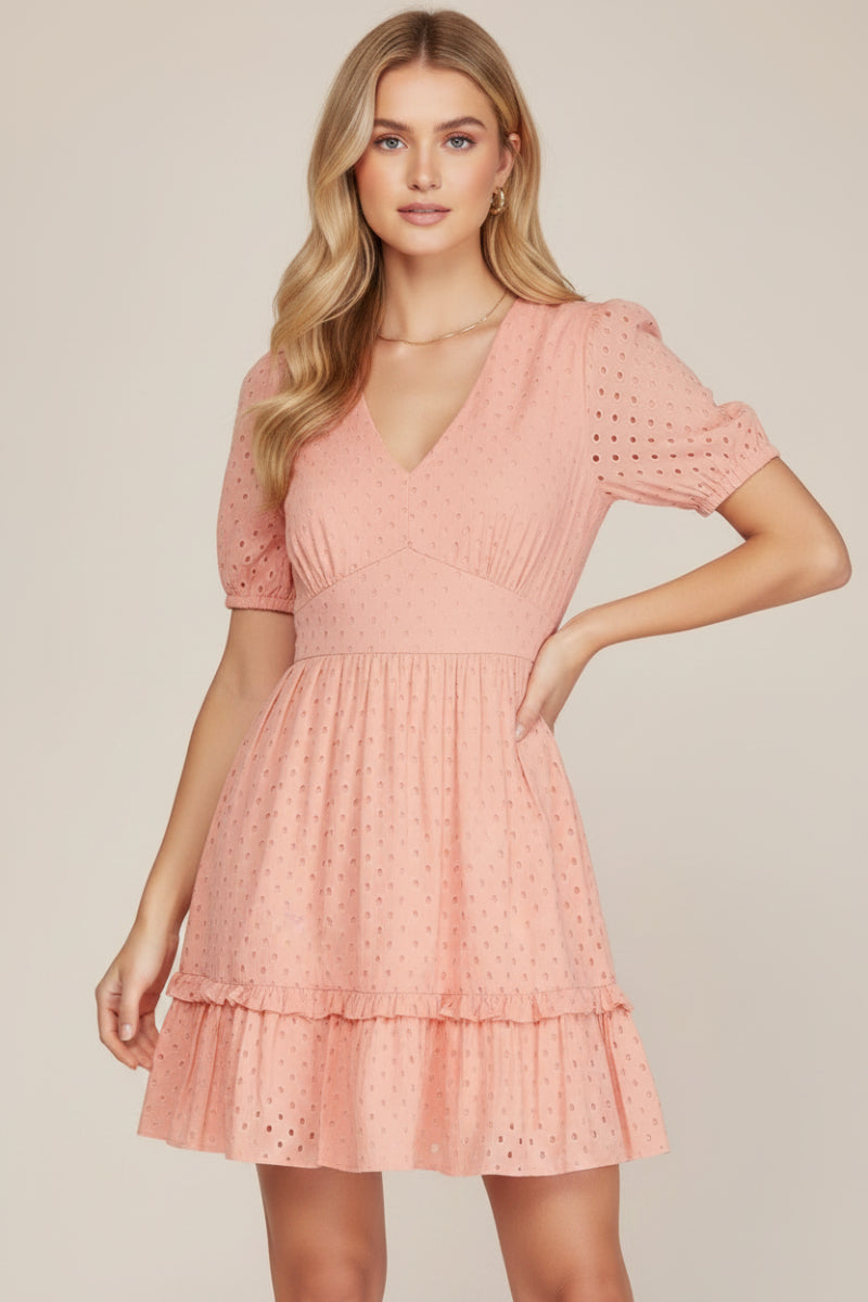 SHORT PUFF SLEEVE WOVEN ELASTIC WAIST EYELET V NECK DRESS-SKSY6880