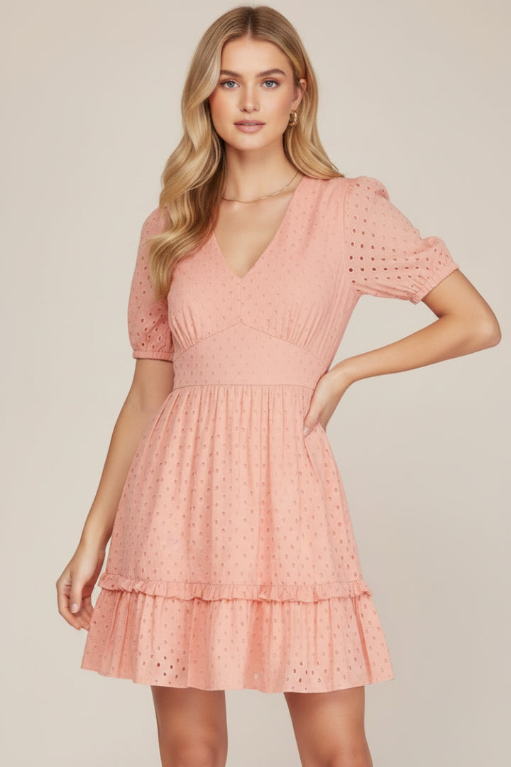 SHORT PUFF SLEEVE WOVEN ELASTIC WAIST EYELET V NECK DRESS-SKSY6880