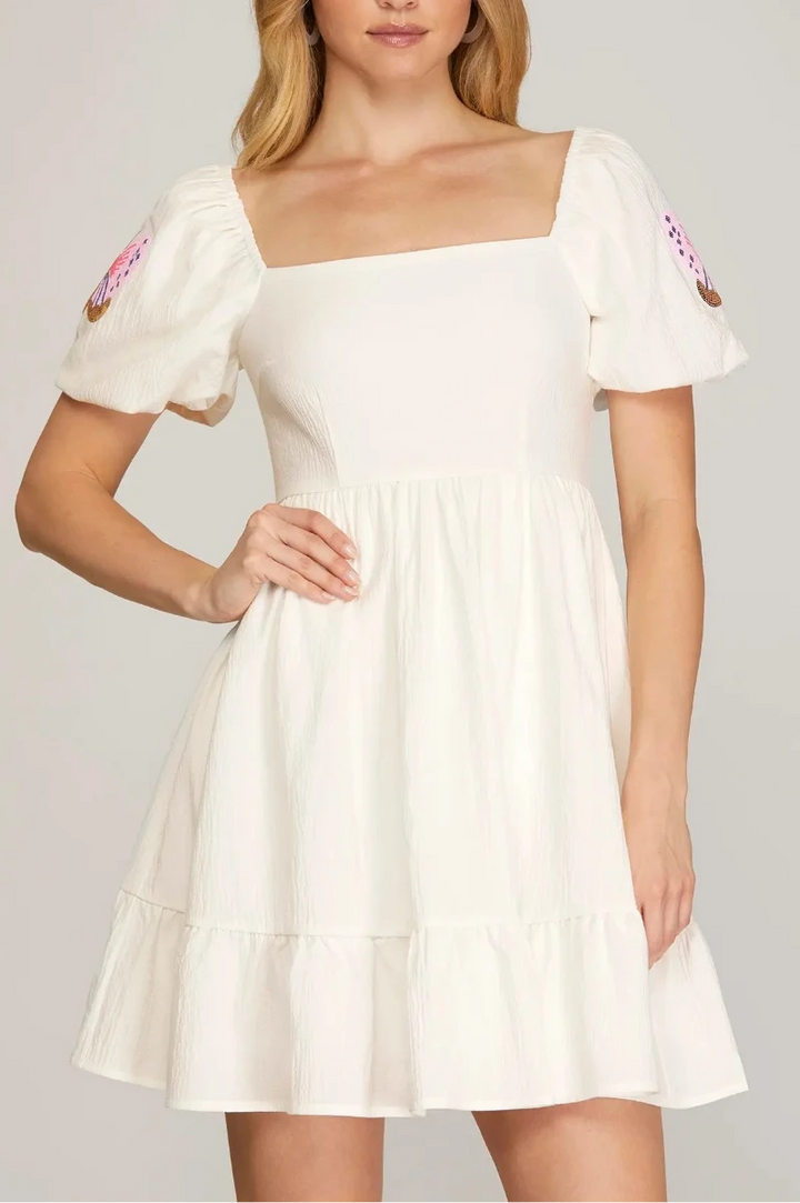 LT.BLUE PUFF BUTTERFLY SEQUIN PATCH SLEEVES WOVEN MINI DRESS