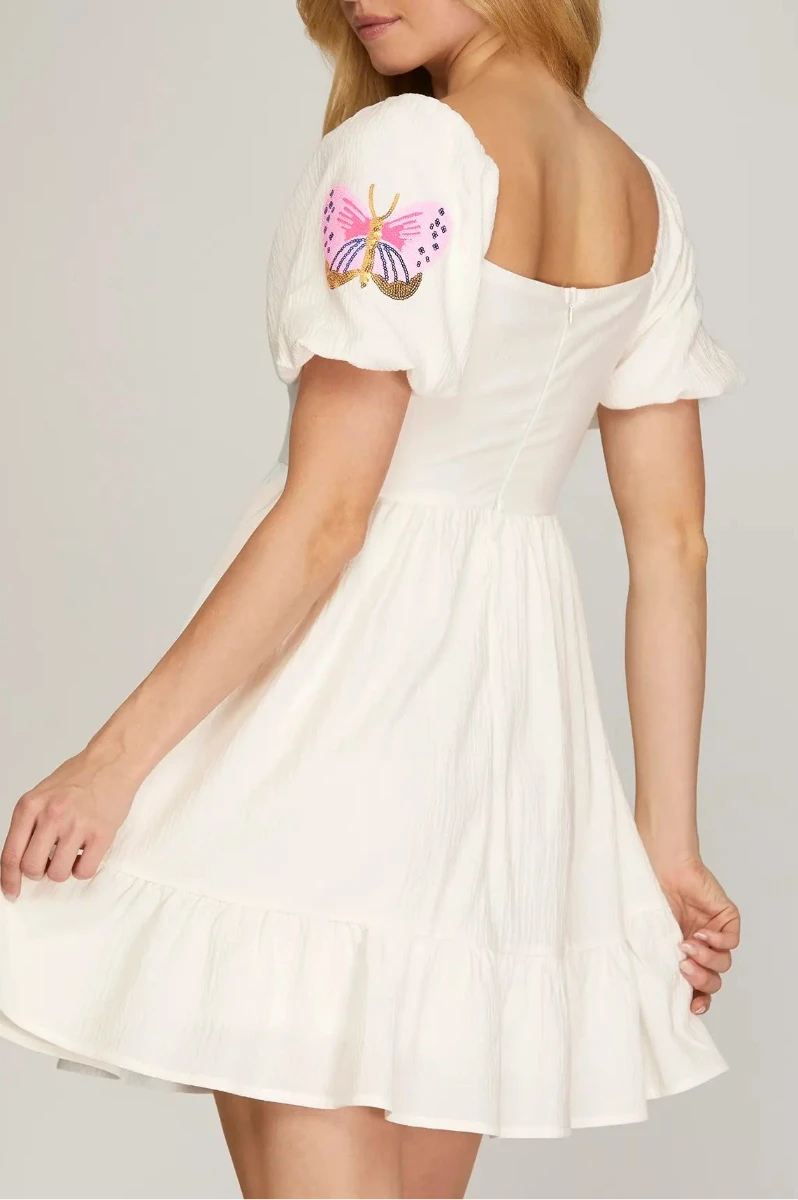 LT.BLUE PUFF BUTTERFLY SEQUIN PATCH SLEEVES WOVEN MINI DRESS