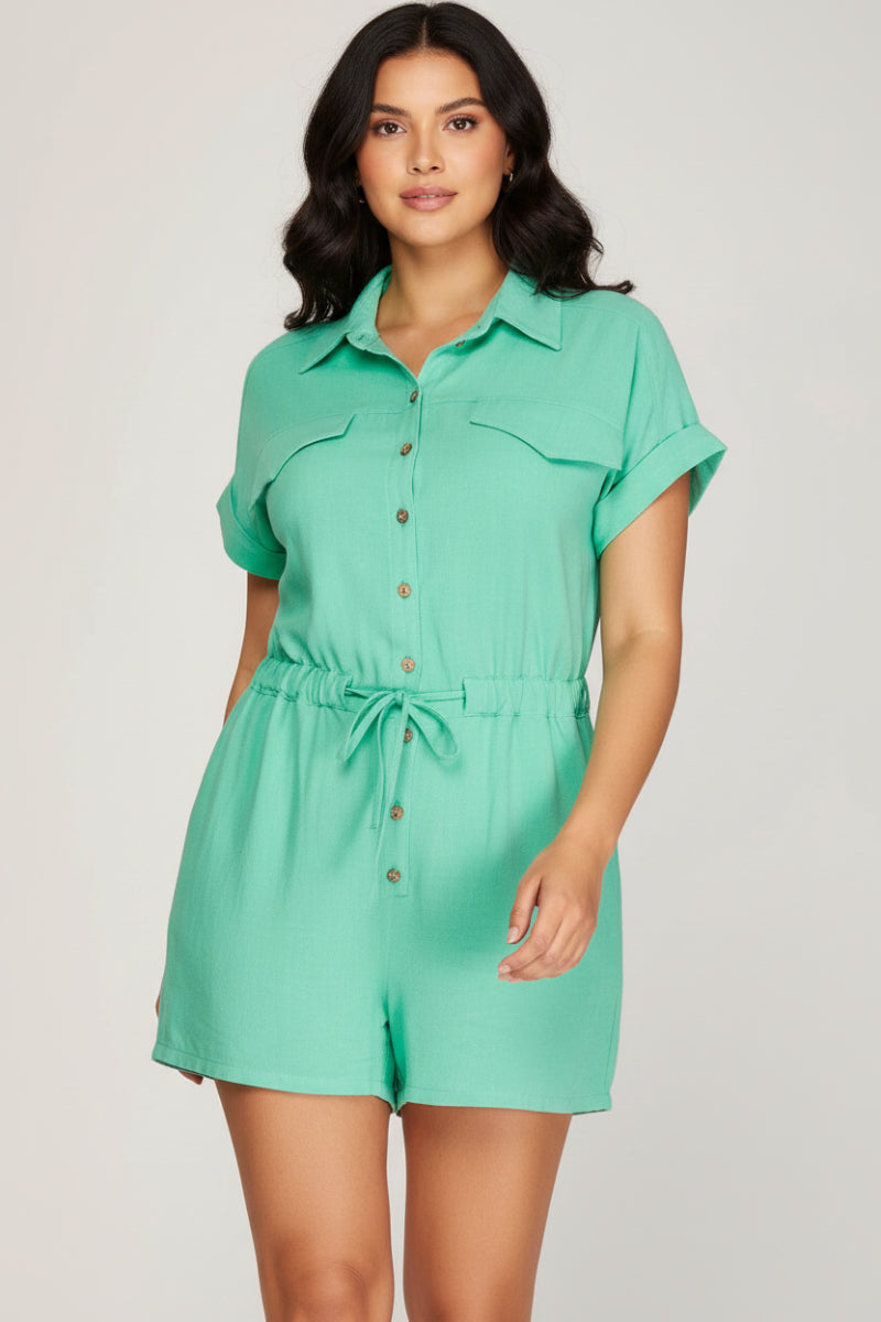 PLUS - DROP SHORT SLEEVE WOVEN COLLARED ROMPER. SKPSY6759