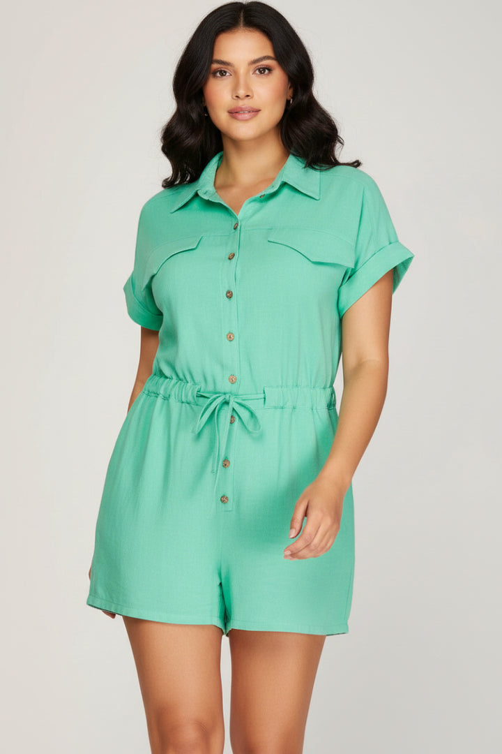 PLUS - DROP SHORT SLEEVE WOVEN COLLARED ROMPER. SKPSY6759