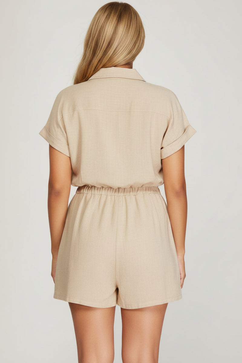 PLUS - DROP SHORT SLEEVE WOVEN COLLARED ROMPER. SKPSY6759