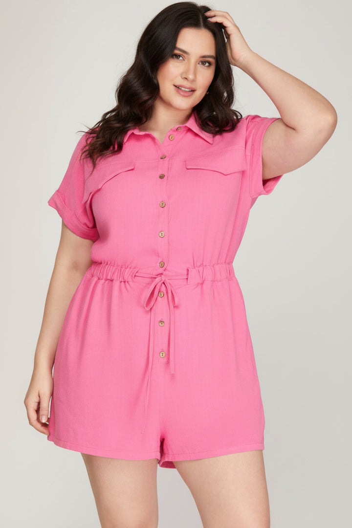 PLUS - DROP SHORT SLEEVE WOVEN COLLARED ROMPER. SKPSY6759