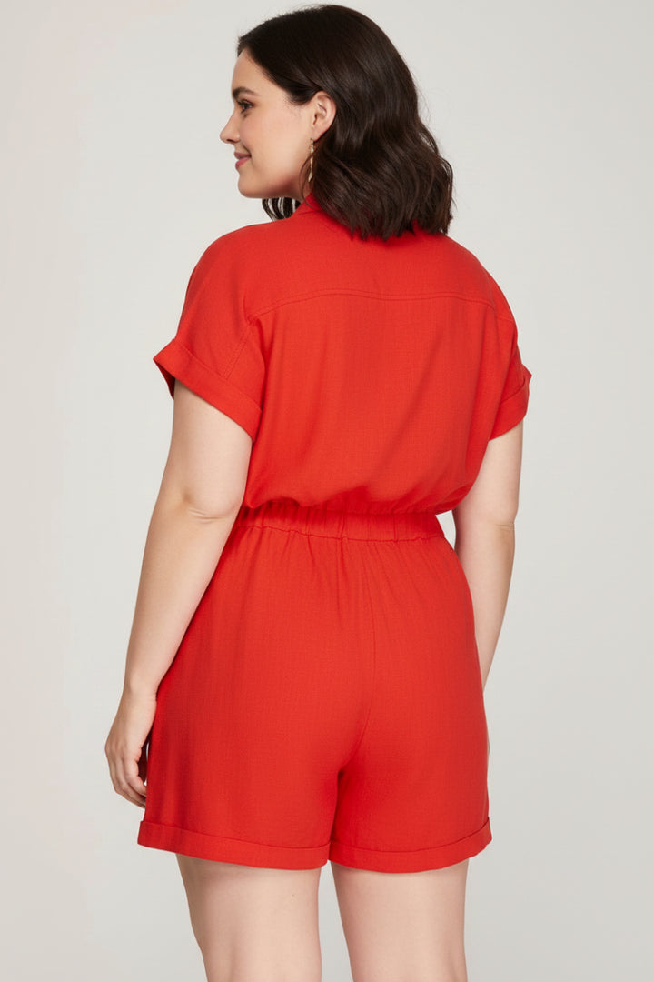 PLUS - DROP SHORT SLEEVE WOVEN COLLARED ROMPER. SKPSY6759