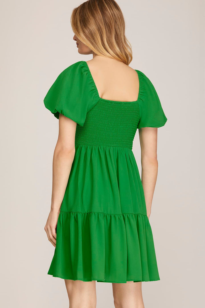 SHORT BUBBLE SLEEVE TIERED WOVEN DRESS-SKSY6767