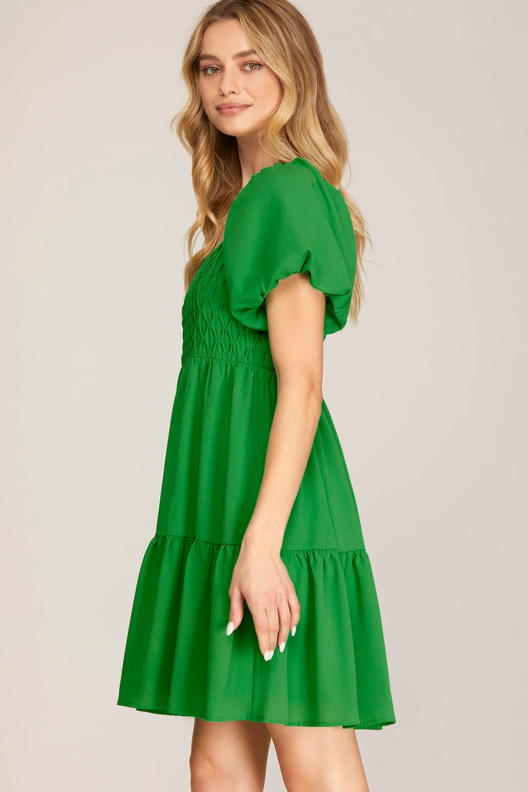 SHORT BUBBLE SLEEVE TIERED WOVEN DRESS-SKSY6767