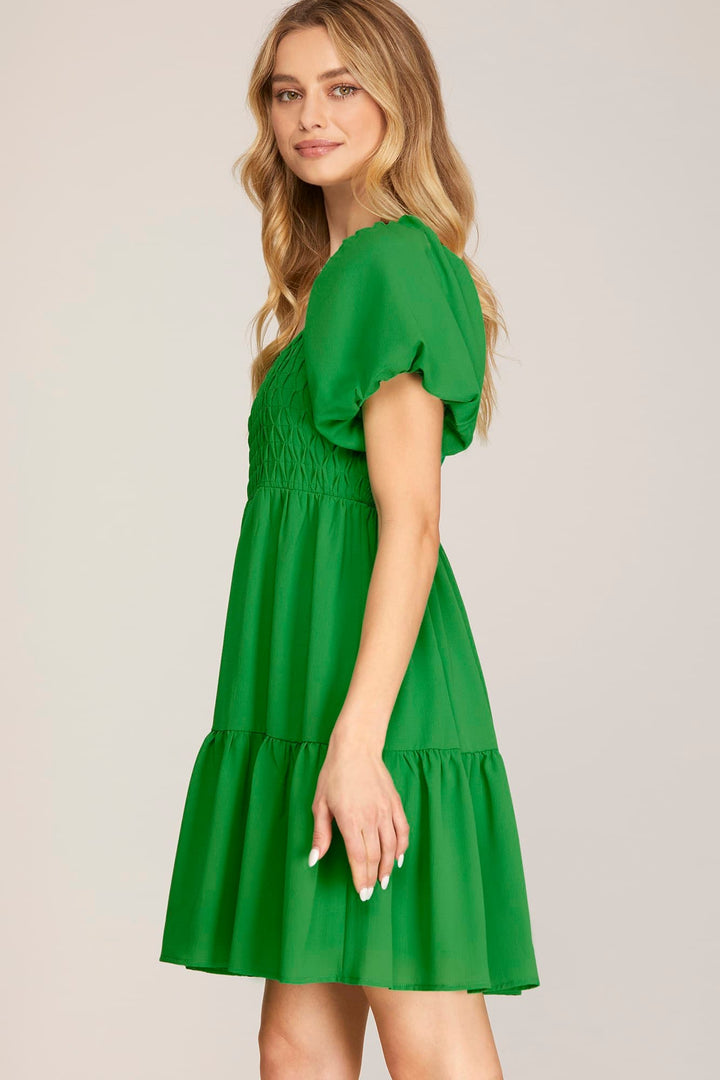 SHORT BUBBLE SLEEVE TIERED WOVEN DRESS-SKSY6767