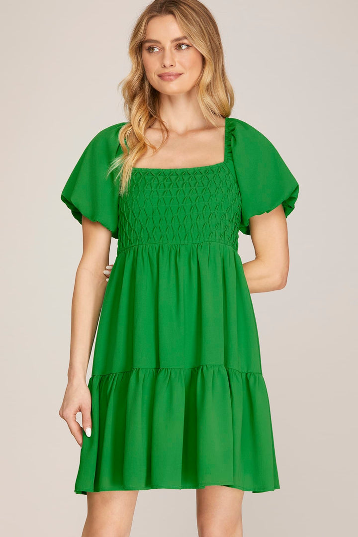 SHORT BUBBLE SLEEVE TIERED WOVEN DRESS-SKSY6767