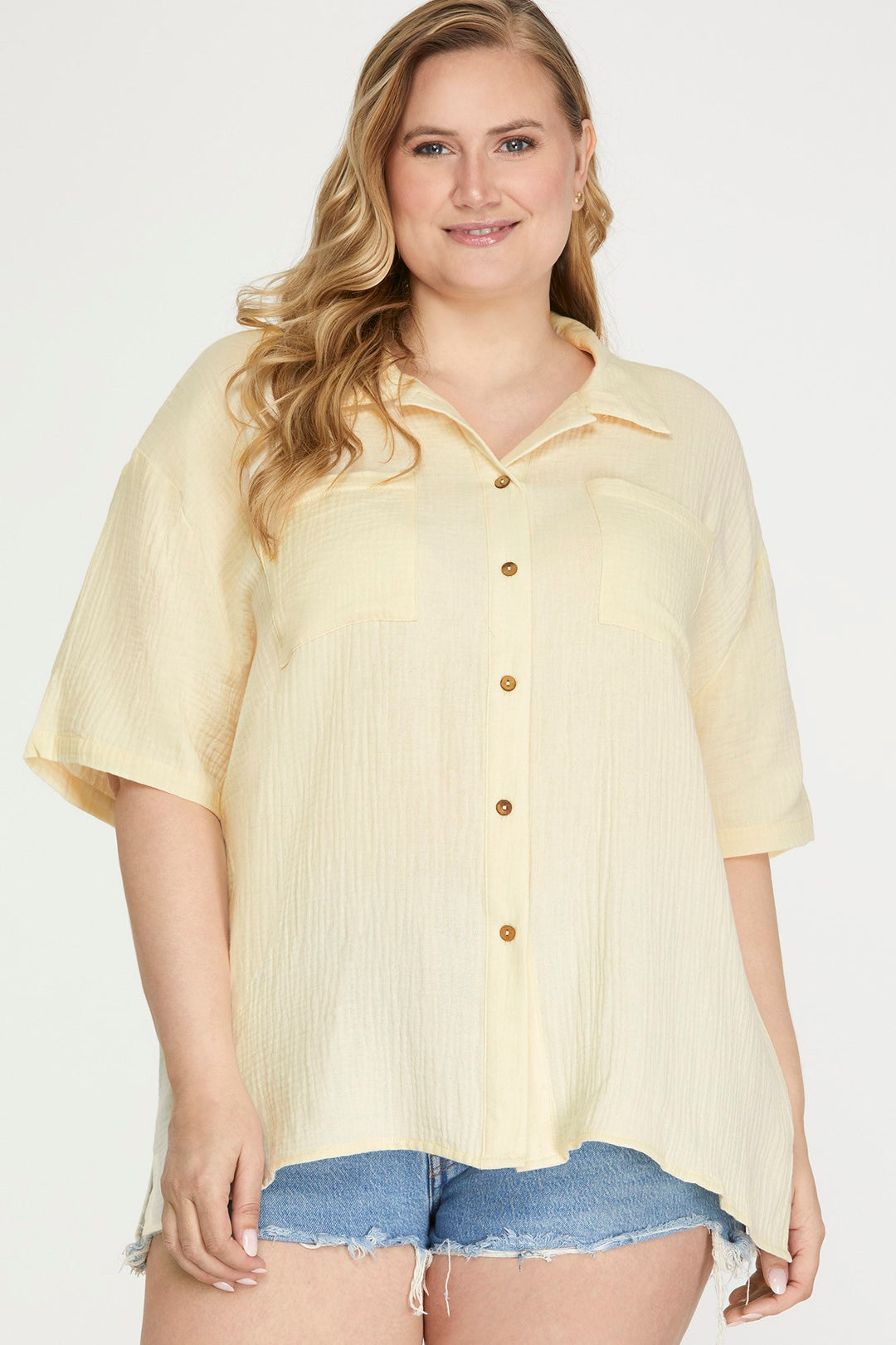 PLUS SHORT SLEEVE WOVEN BUTTON DOWN TOP-SKPSY3388