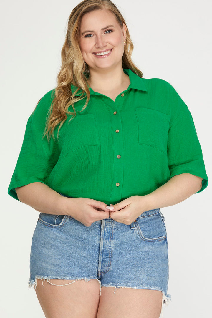 PLUS SHORT SLEEVE WOVEN BUTTON DOWN TOP-SKPSY3388