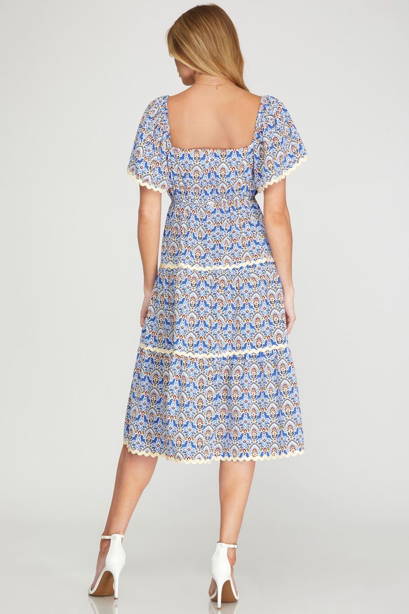 BLUE FLOUNCE SLEEVES TIERED RIC RAC TRIMMING WOVEN MIDI DRESS SKSY6933