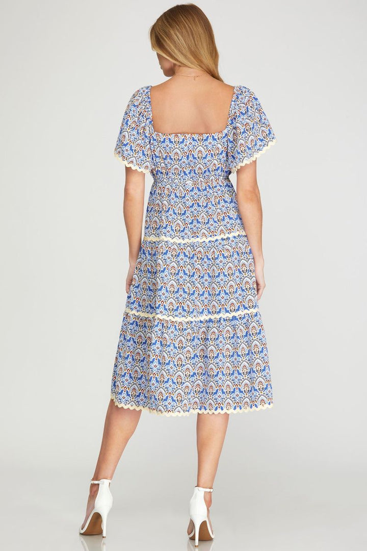 BLUE FLOUNCE SLEEVES TIERED RIC RAC TRIMMING WOVEN MIDI DRESS SKSY6933