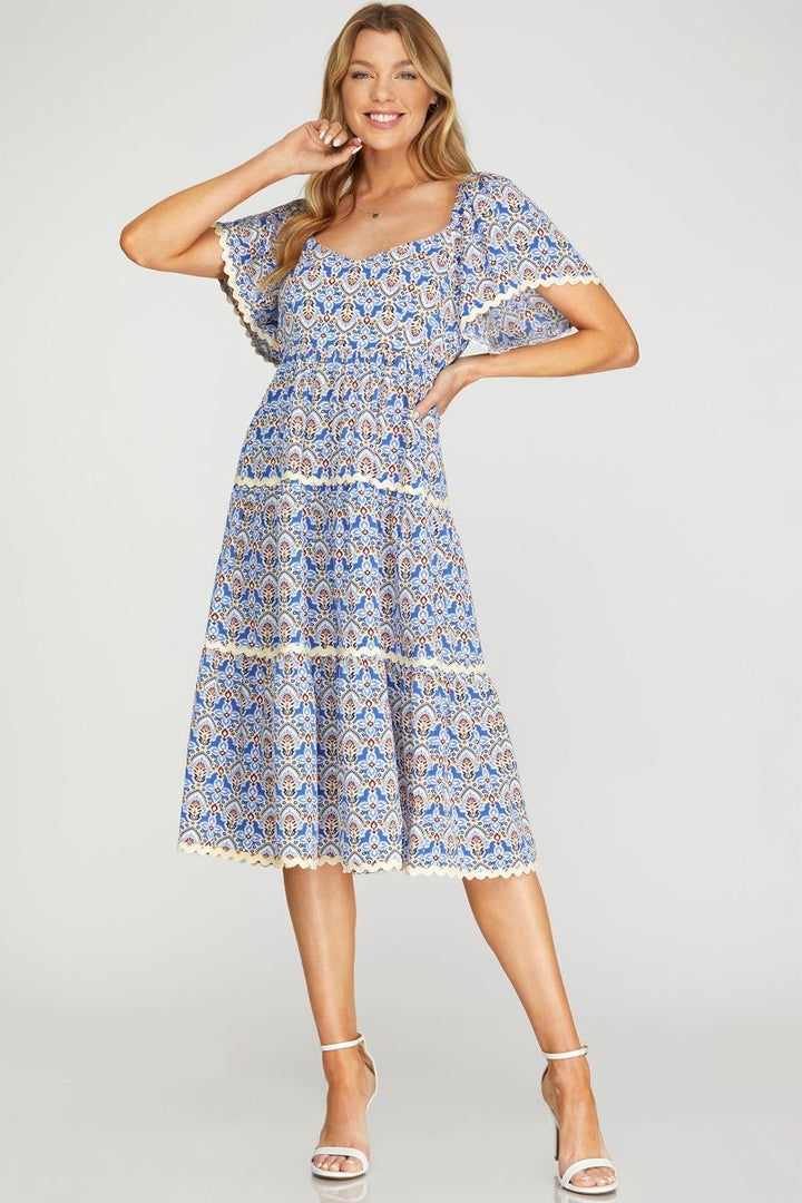 BLUE FLOUNCE SLEEVES TIERED RIC RAC TRIMMING WOVEN MIDI DRESS SKSY6933