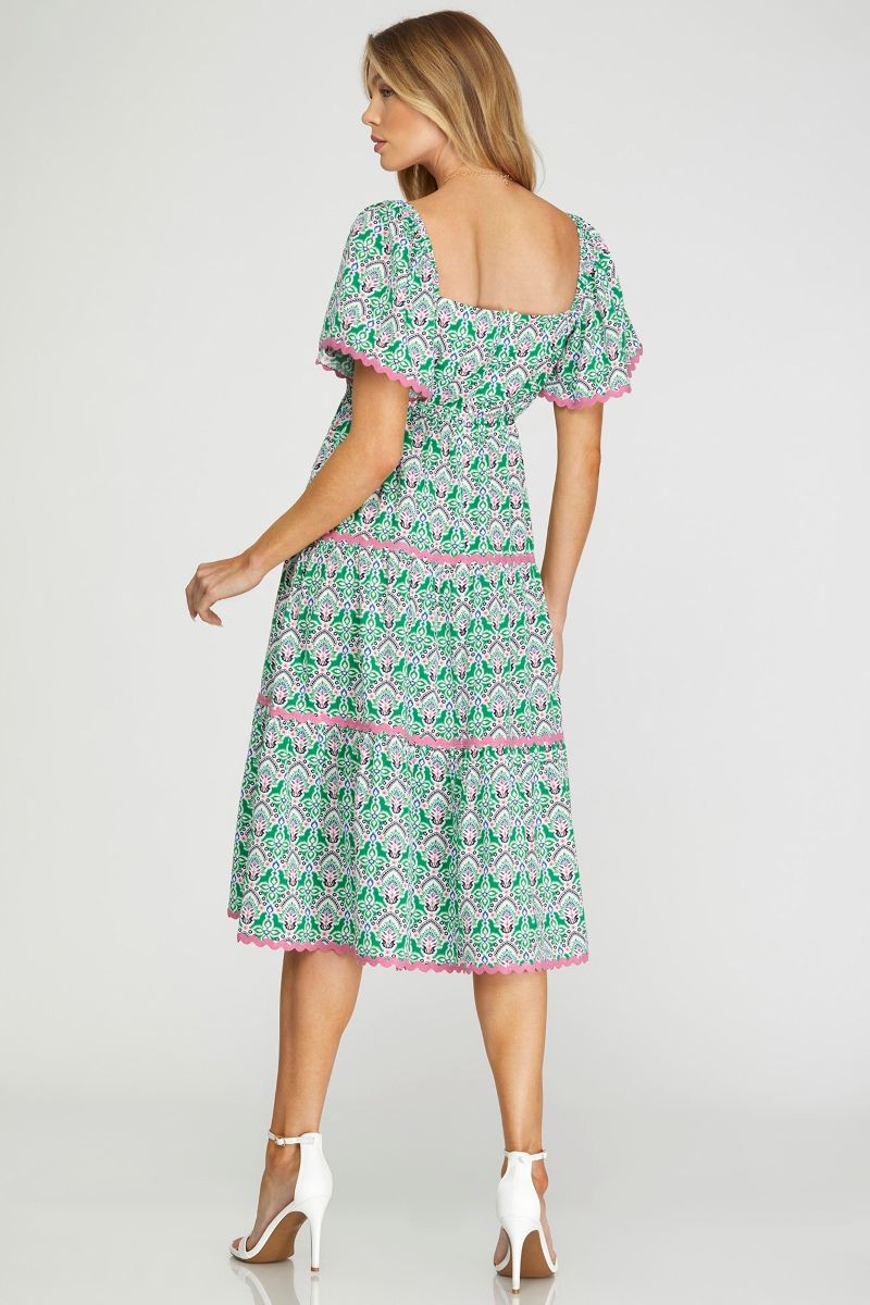 GREEN FLOUNCE SLEEVES TIERED RIC RAC TRIMMING WOVEN MIDI DRESS SKSY6933