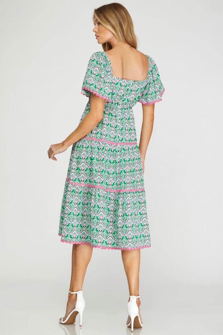 GREEN FLOUNCE SLEEVES TIERED RIC RAC TRIMMING WOVEN MIDI DRESS SKSY6933