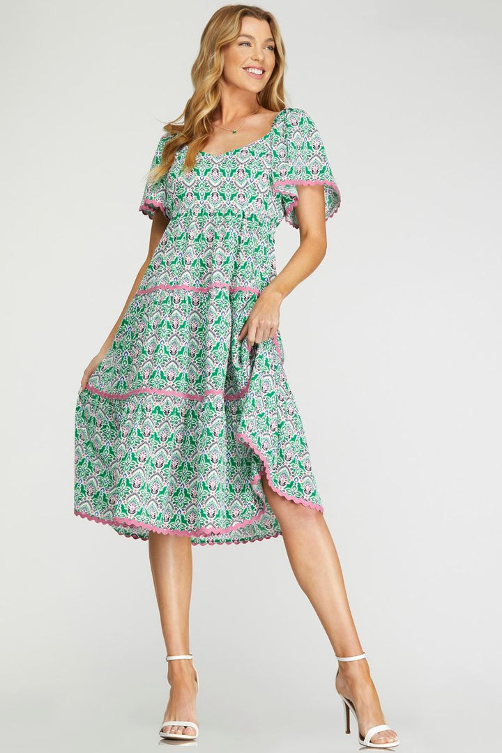 GREEN FLOUNCE SLEEVES TIERED RIC RAC TRIMMING WOVEN MIDI DRESS SKSY6933