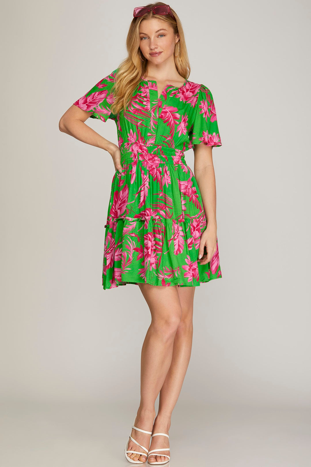 TIERED ELASTIC WAIST WOVEN MINI DRESS SKSY6888