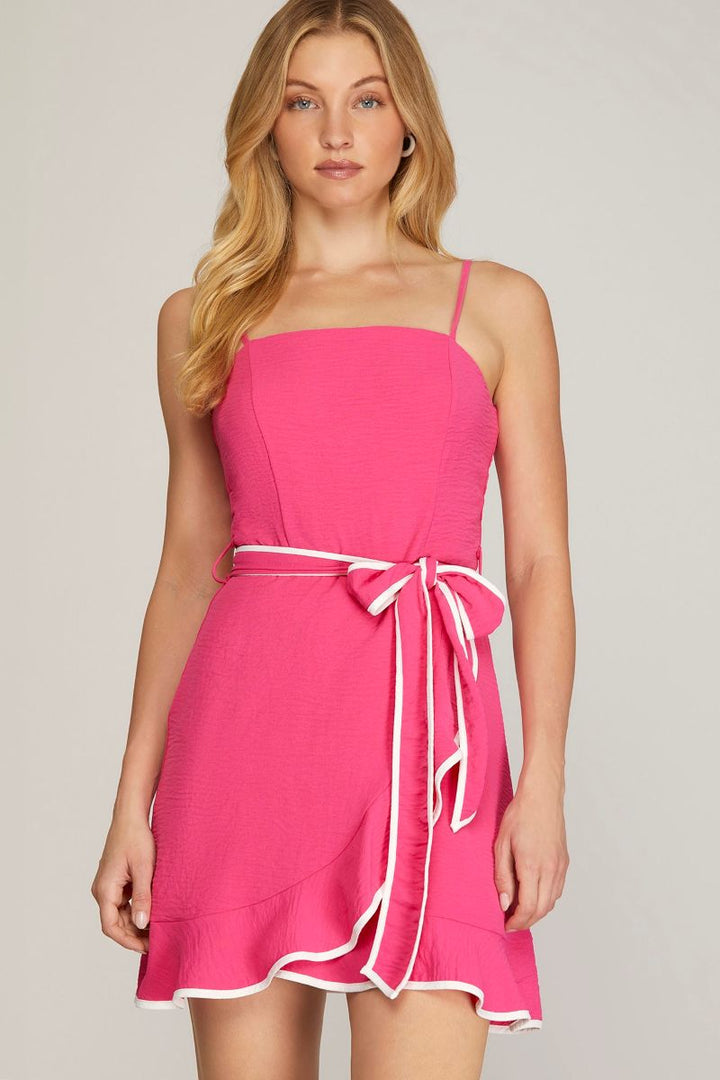 HOT PINK FRONT-TIE RUFFLED HEM WOVEN MINI DRESS SKSY6900