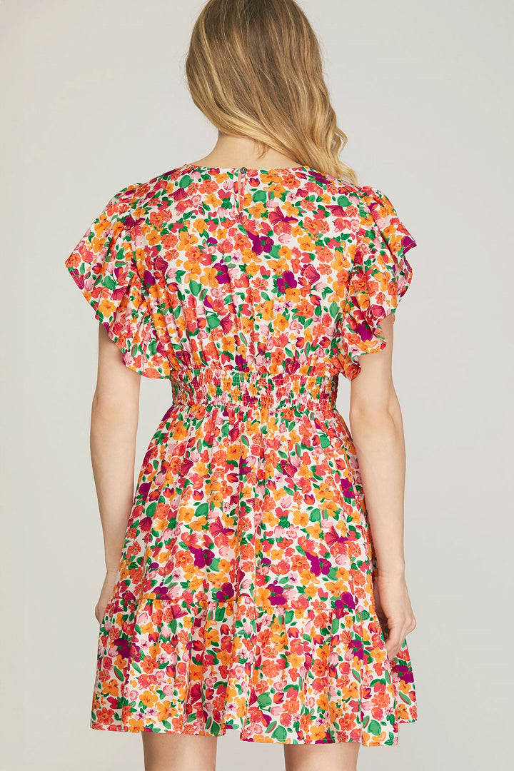 RUFFLE SLEEVE SMOCKED TIERED FLORAL PRINT WOVEN DRESS WITH SIDE POCKETS