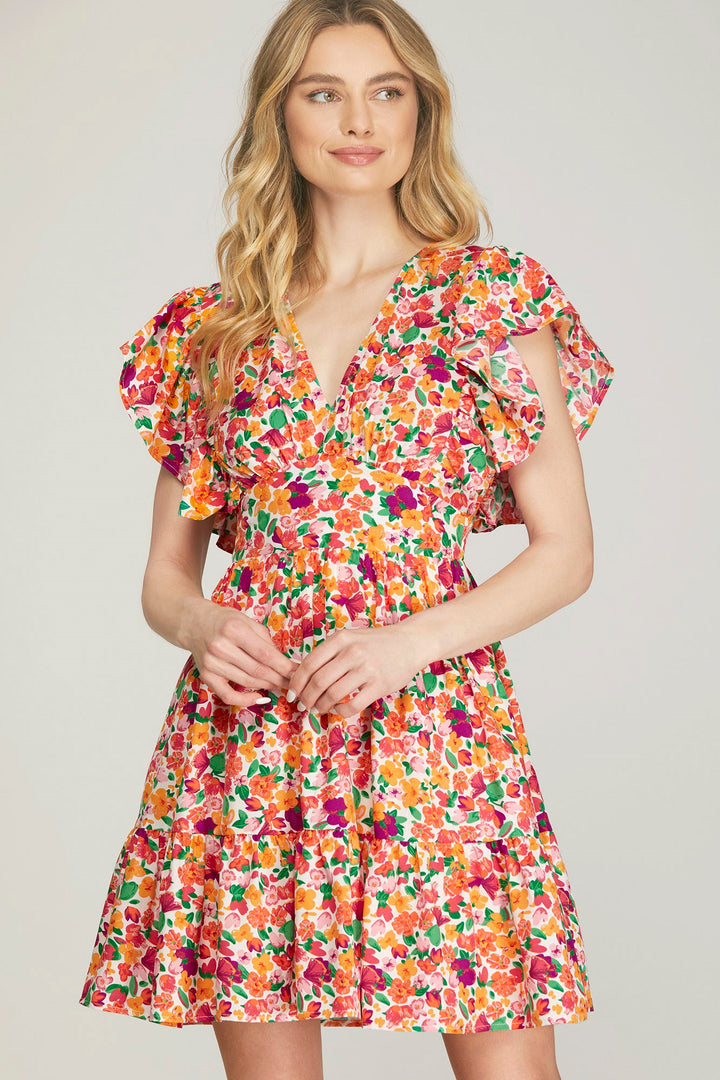 RUFFLE SLEEVE SMOCKED TIERED FLORAL PRINT WOVEN DRESS WITH SIDE POCKETS