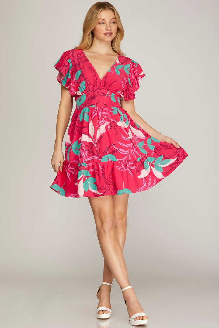 FUCHSIA SMOCKED BACK WAIST TIERED WOVEN MINI DRESS